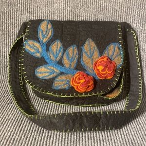 Rising tide wool floral appliqués boho crossbody purse